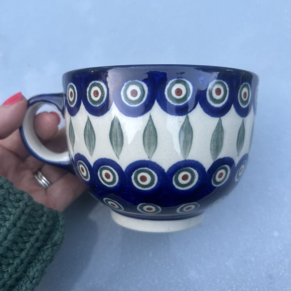 Boleslawiec Polish Pottery Peacock Eye Cobalt Blue Green Coffee Mug